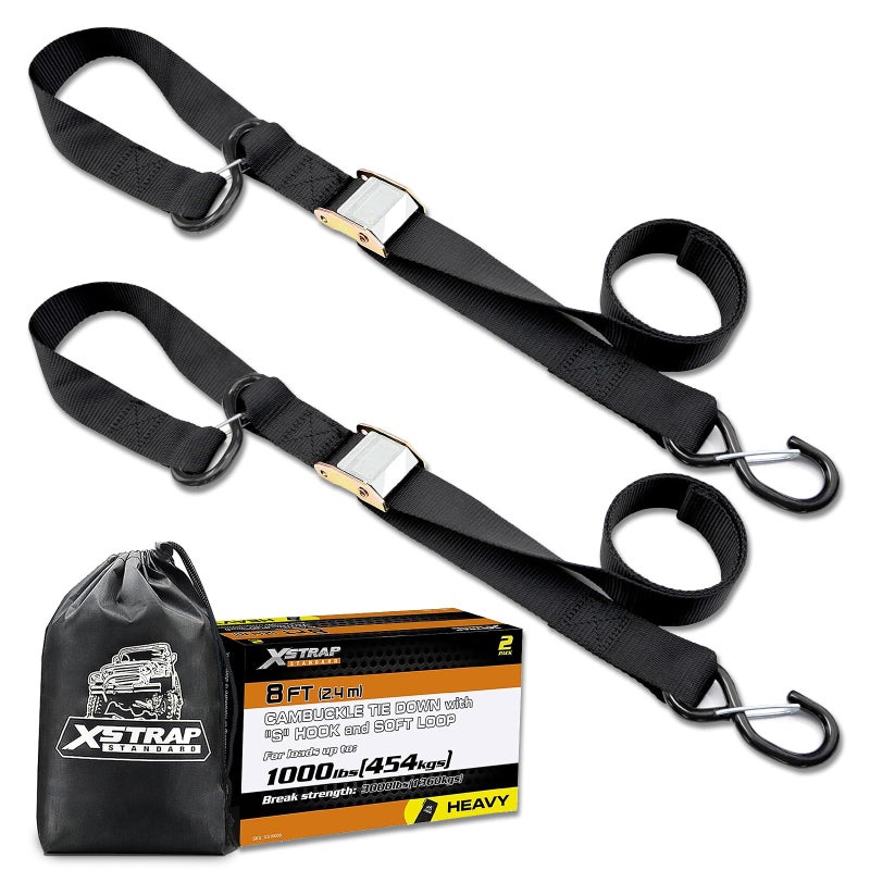 XSTRAP STANDARD Motorcycle Tie Down Straps (2 Pack) 3,000lb Break Strength, 1.5 in X 8FT Heavy-Duty Cambuckle Tie Down Set with S Hook and Soft Loops, Black - Image 1